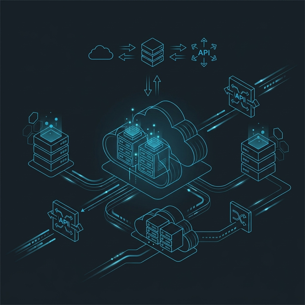 Technical illustration of tablets and UI layers in glowing blue.
